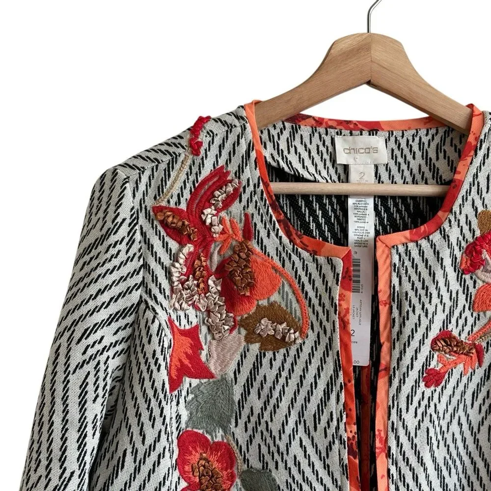 NWT Chico’s Artisan Applique Floral Embroidered 3/4-Sleeves Open Front Jacket 2
